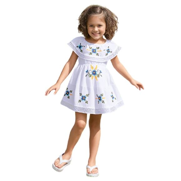 White Mexican Floral Embroidered Ruffle Dress Size 1 - Picture 1 of 9
